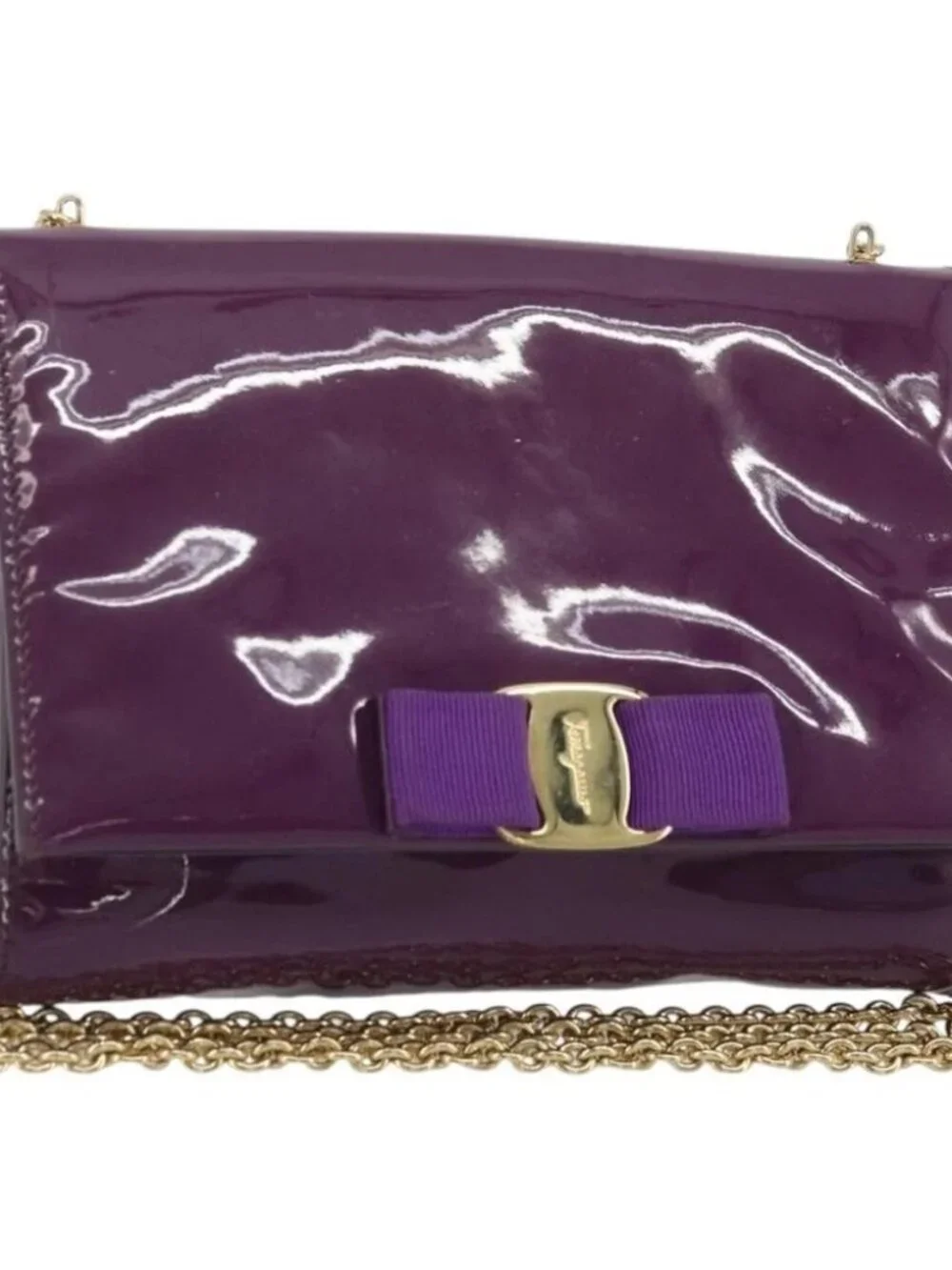 Salvatore Ferragamo Vala Chain Bag Patent leather Purple Gold Auth ARZ899